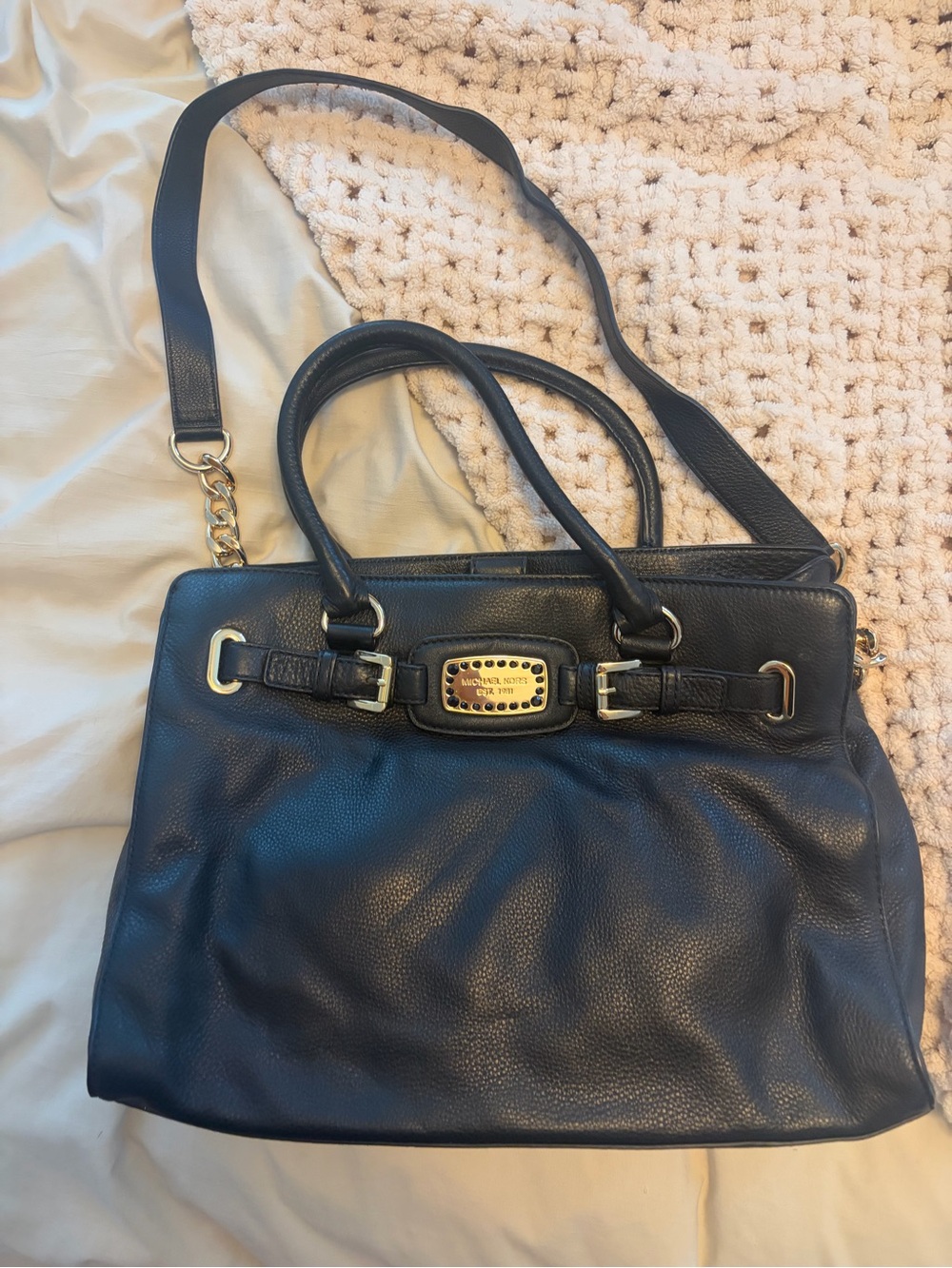 Michael Kors Navy Leather Shoulder Satchel with Gold Hardware